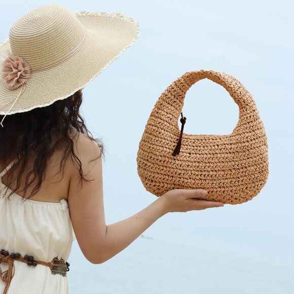 Khaki Woven Straw Handbag for Women Summer Beach Clutch Vacation Bag - Picture 3 of 8